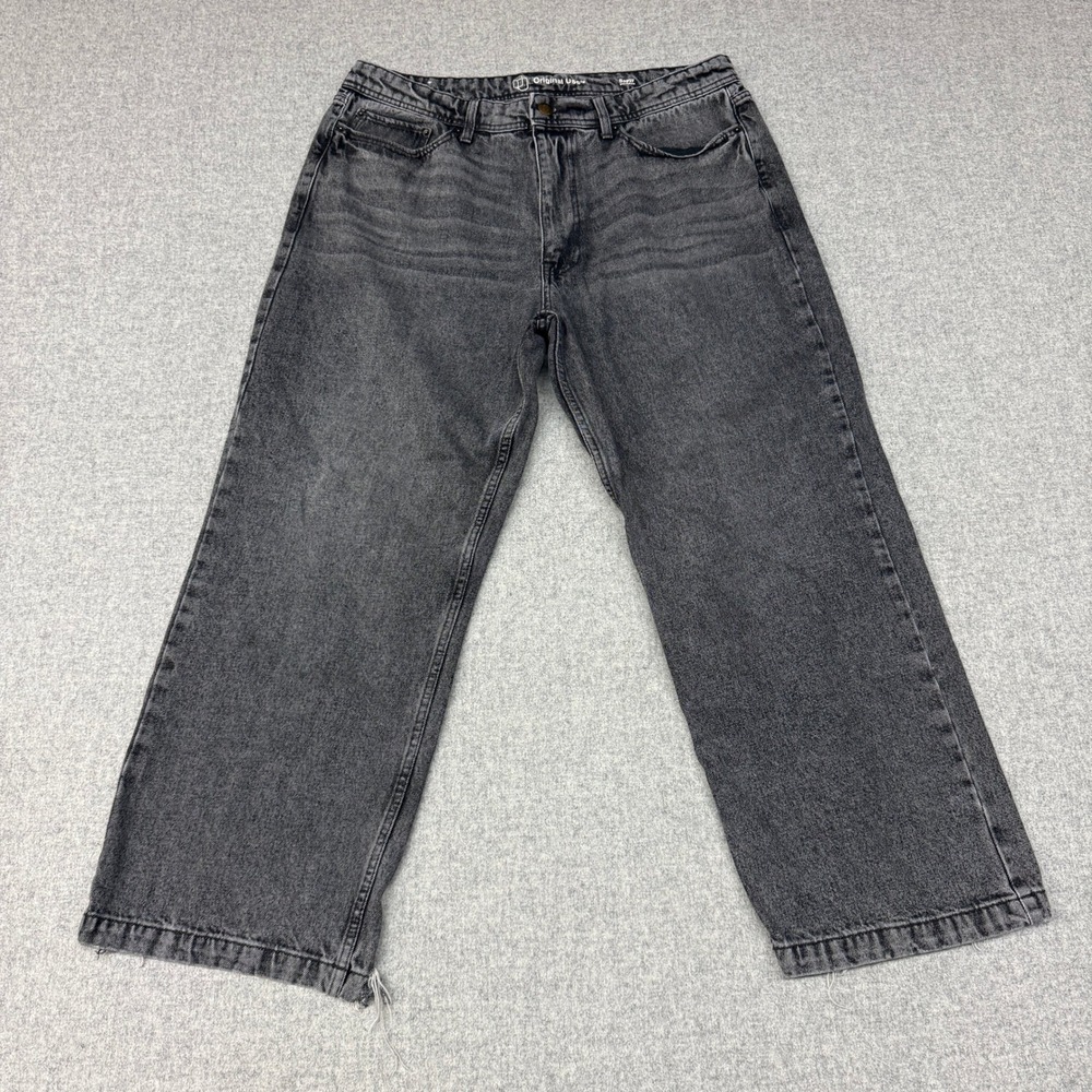 Original Use Baggy Jeans 38x30 Black Wide Leg Denim Faded Relaxed Fit Pants Men
